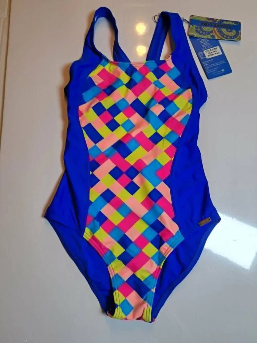 Girls Blue One Piece Swimsuit M 9-11 Colorful Print